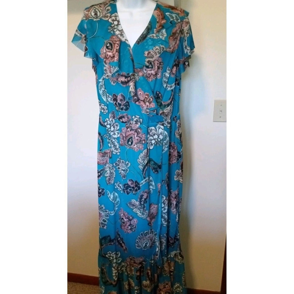 Apt. 9 Womens Teal Blue Floral Paisley Mesh Maxi Dress Faux Wrap L flutter sleev